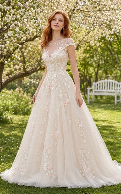 Brautkleid mit Blumenmuster, schulterfrei, bestickt, aus Tüll, A-Linie