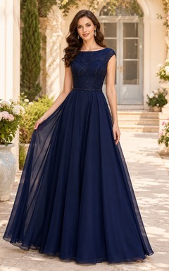 Luxury Dark Navy Lace Prom Ball Gown Floor Length Bateau Cap Sleeve Dress