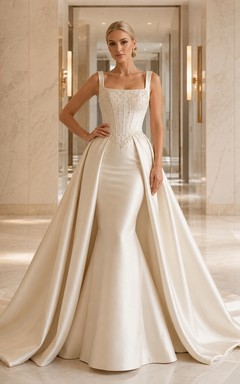 Robe de mariée moderne en satin, coupe trapèze, col carré, nœud papillon, surjupe amovible et traîne chapelle
