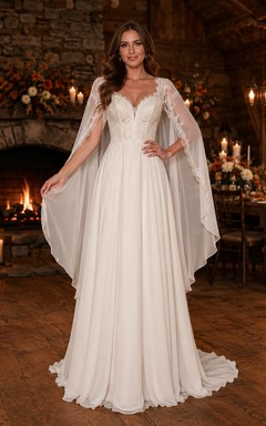 Fall Lodge V-Neck Cape Sleeve A-Line Wedding Dress