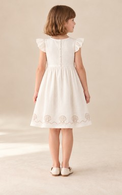 Modest Ivory Knee Length Coastal Embroidered Border Full Flutter Sleeve Beach Flower Girl Dress