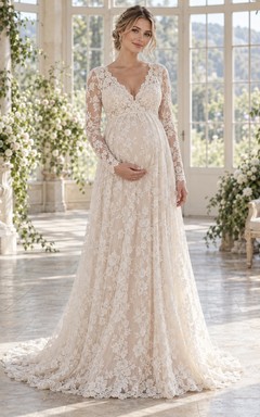 Robe de mariée de maternité à manches longues, col en V, style empire, dentelle florale et traîne