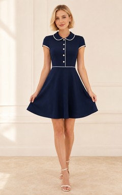 Robe de cocktail élégante bleu marine à ourlet cranté et boutons nacrés, coupe trapèze courte.