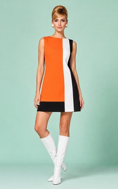 Robe de cocktail mini-moderne orange vintage colorblock sans manches à motif géométrique et fourreau géométrique