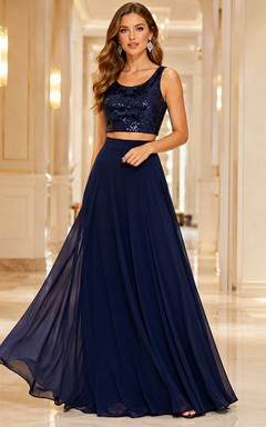 Dark Navy Two-Piece Scoop Straps Sequin Chiffon Floor Formal Gown