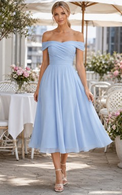 Vestido de despedida de soltera de gasa azul cielo con hombros descubiertos