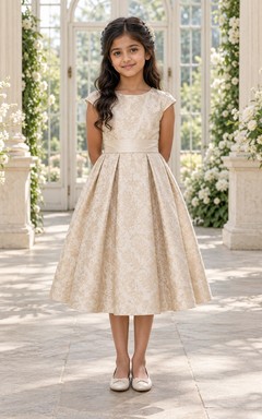 Tea-length Champagne Floral-textured A-line Cap-sleeve Pleated-skirt Bow-back Summer Flower Girl Dress