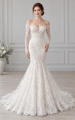 Romantisches, figurbetontes Brautkleid mit langen Ärmeln, schulterfreiem Meerjungfrauen-Stil, floraler Spitze und bodenlangem Schnitt