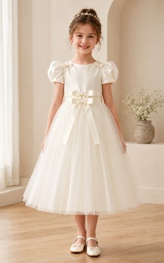 Classic Tulle A-Line Flower Girl Dress with Jewel Neck, Tea-Length Skirt and Bow Detail