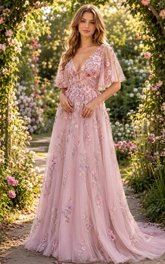 Blush V-Neck Flutter Sleeve 3D Floral Garden Bridal Gown