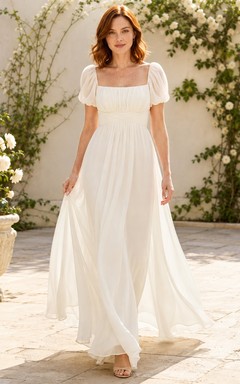 Romantic Square Neck Puff Sleeve Chiffon A-Line Floor-Length Garden Wedding Dress