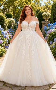 Plus Size schulterfreies Spitzen-Ballkleid im Gartenstil