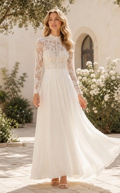 Civil Lace High-Neck Long-Sleeve A-Line Floor-Length Guest Dress