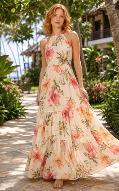 Halter Hibiscus Floral Tiered Beach Resort Maxi Dress