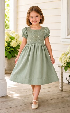 Robe de demoiselle d'honneur vintage Sage, col carré, manches bouffantes, coupe trapèze, longueur genou, en coton, ornée de smocks à la main. Robe de jardin Sage, style vintage, en coton, coupe trapèze, smockée à la main, col carré, manches bouffantes, longueur genou.