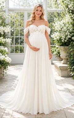 Maternity Off-Shoulder Floral Applique Empire A-Line Chapel Train Romantic Wedding Dress