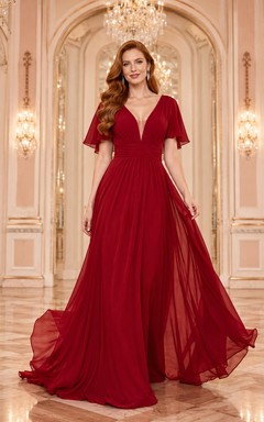 Rotes Chiffon-Abendkleid mit flatternden Ärmeln, V-Ausschnitt und A-Linien-Schnitt