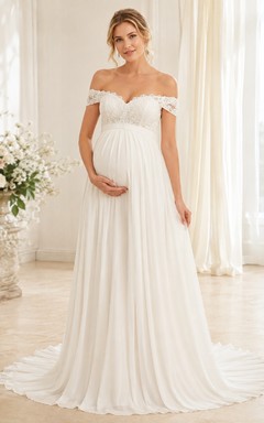 Brautkleid aus Chiffon mit schulterfreiem, kurzem Ärmel, A-Linien-Schnitt, bodenlang und plissiert – auch für Schwangere geeignet