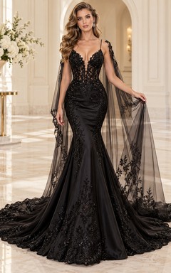 Black Mermaid V-Neck Lace Cape Train Bridal Wedding Dress