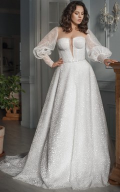 Vestido de novia modesto de talla grande con escote corazón, bordados y mangas abullonadas, corte A, estilo modesto.