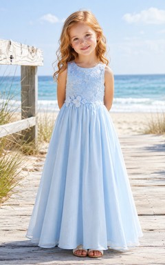 A-Line Summer Beach Flower Girl Dress with Sleeveless Bodice, Flowing Chiffon Skirt, Floor-Length Hem, Natural Waist, Coastal Ceremony Style