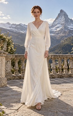 Vestido de novia sencillo de corte A con escote en V, mezcla de lino, mangas largas y cola fruncida.