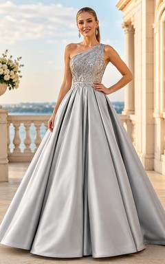 Silver Square Neck Sleeveless Satin Black Trim Ball Gown Dress