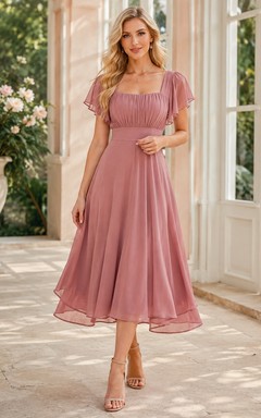 Vestido de corte A con cuello cuadrado y mangas con volantes, color rosa empolvado, largo hasta la rodilla