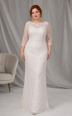 White Guest Lacework Mermaid/Trumpet Jewel Lace 3/4 Length Sleeve Floor-length Modest Dress