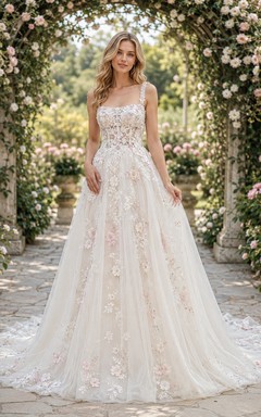 Square Neck Floral Applique Tulle Spring Garden Bridal Gown
