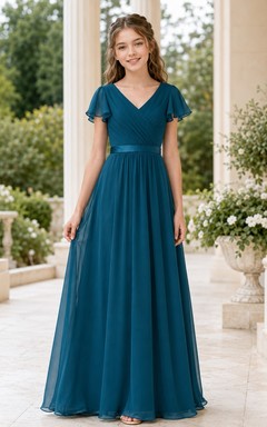 Vestido de dama de honor juvenil color verde azulado, corte en A, escote en V, manga corta, elegante y formal.