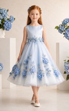 Sky Blue Hydrangea Flower Girl Dress with Sleeveless A-Line Tulle, Applique Blossom Clusters, Natural Waist, and Tea-Length Hem