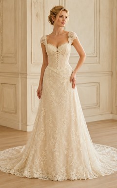 Vestido de novia vintage de corte A con corsé de encaje y mangas cortas
