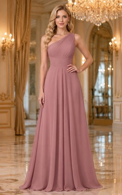Grand Ballroom Formal Dusty Rose Simple Elegant A-Line Chiffon Bridesmaid Dress with One-Shoulder Sleeveless Floor-Length Pleated Open Back
