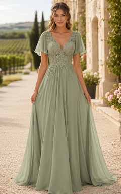 Romantisches Brautjungfernkleid aus Chiffon in Weinrot-Celadon, A-Linie, bodenlang, mit V-Ausschnitt und kurzen Ärmeln
