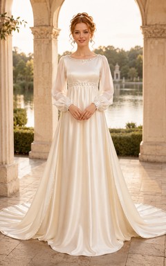 Modest Jewel Neck Satin Wedding A Line Empire Long Balloon Sleeve Court Train