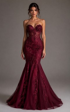 Burgundy Lace Appliqu¨¦ Mermaid Prom Dress Strapless Sweetheart Formal Gown