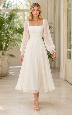 Ivory Long Sleeve Tulle Tea-Length Formal Dress