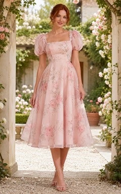 Blush Courtyard Garden Wedding Guest Dress A-Line Chiffon Tulle Square Neck Short Sleeve Tea-Length Floral