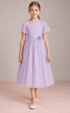 Lilac Tea-length Jewel Flutter-sleeve Tulle Gathered Floral Banded Princess-seamed Flower Girl Dress