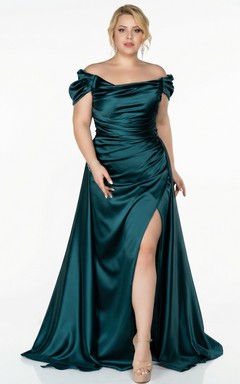 Plus Size Satin-Abendkleid in A-Linie mit Schlitz vorne