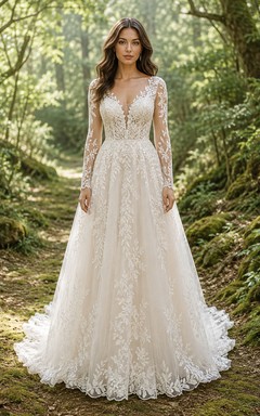 Langärmeliges A-Linien-Hochzeitskleid aus Spitze im Waldstil