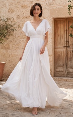 Bohemian Empire Flutter Sleeve V-Neck Chiffon A-Line Floor-Length Wedding Dress
