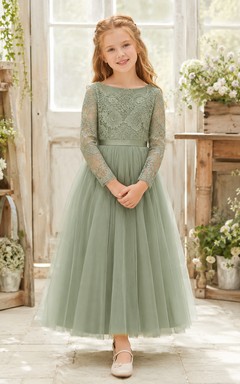 Flower Girl Dress Sage Lace Tulle A-Line Long Sleeve Jewel Neck Tea Length