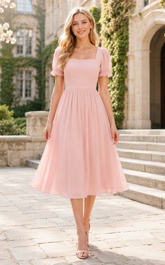 Blush Tulle Square Neck Puff Sleeve Tea-length Dress