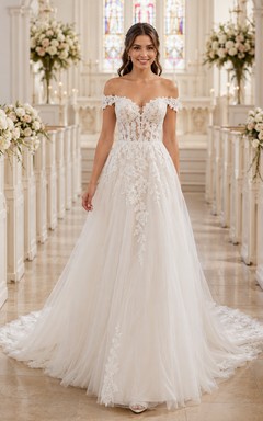 Klassisches schulterfreies A-Linien-Brautkleid mit Spitzenapplikationen
