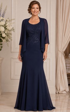 Dark Navy Chiffon Mermaid Mother Gown with Sheer Jacket