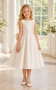 Blumenmädchenkleid aus elfenbeinfarbenem Satin, A-Linie, Rundhalsausschnitt, Teelänge, Schleifendetail