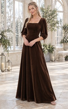 Vestido de dama de honor de terciopelo espresso con cuello cuadrado y mangas tres cuartos estilo obispo para invierno
