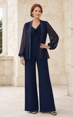 Dark Navy Mother Pantsuit with Poet Sleeve Chiffon Jacket, Cowl Top and Wide Leg Pants